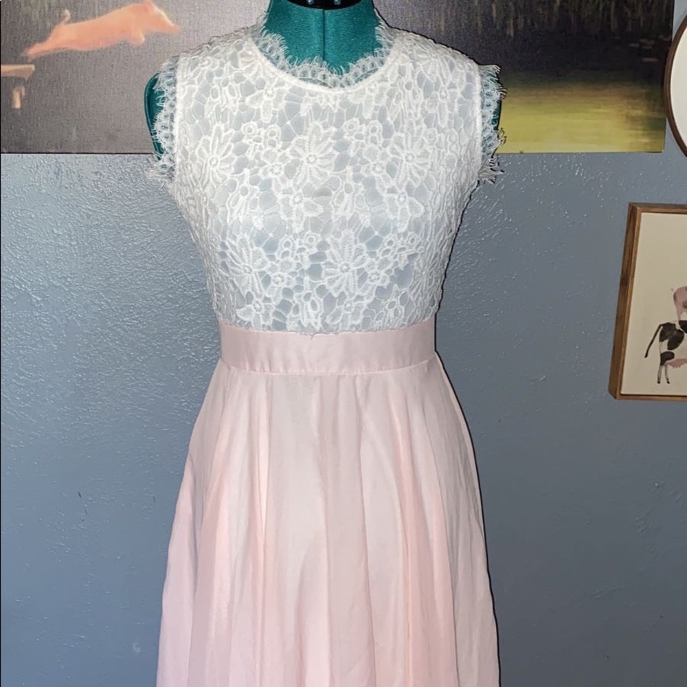 Pink and White Lace Long Dress